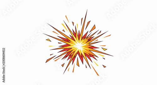 A stylized explosive burst of sharp, angular shapes in yellow, orange, and red