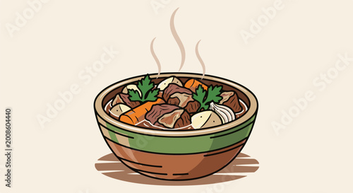 A steaming bowl of hearty stew with chunks of meat, carrots, potatoes, and parsley