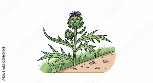 A stylized thistle plant with a bud and flower atop a stem surrounded by grass and dirt