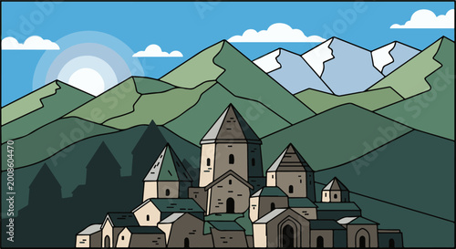 A stylized, low-poly village nestled amidst layered mountains under a sunny sky