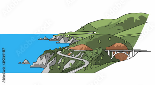 A winding road traverses green hills and cliffs along a bright blue ocean