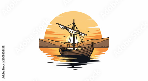 A wooden boat sails on the water at sunset
