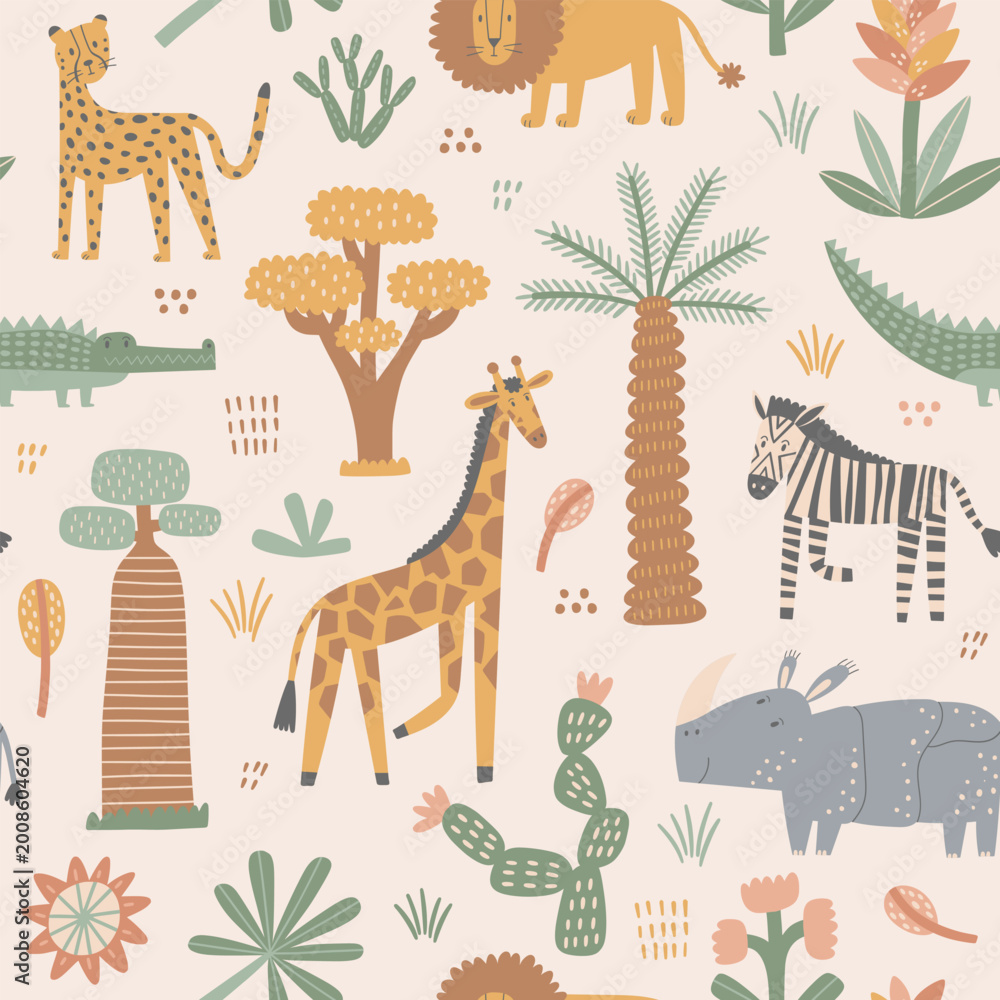 Naklejka premium African safari animals and plants seamless pattern. Cute flat hand drawn nursery characters. Giraffe, rhino, cheetah and others. Perfect for prints, jungle themes, wildlife projects, and kids designs.