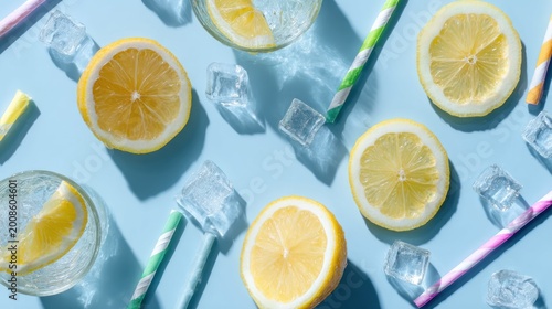 Refreshing lemonade pattern with lemon slices, ice cubes, and colorful straws on a light blue background