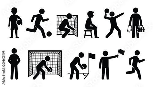 Cuadro en lienzo Football referee and match official silhouette set for sports officiating, flag