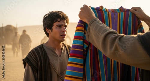 Biblical Joseph looking surprised as he receives the colorful coat of many colors held by another man in a dusty desert landscape with a caravan in the golden background