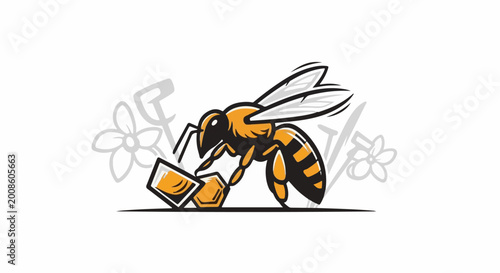 A stylized bee works with honeycombs and flowers