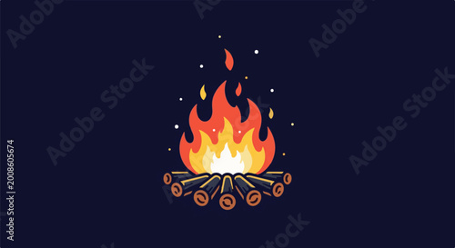 A stylized illustration of a bright campfire with glowing embers and sparks
