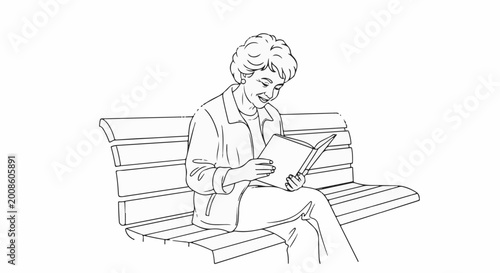A woman smiles while reading a book on a park bench