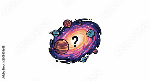 A whimsical spiral galaxy with orbiting planets and a central question mark