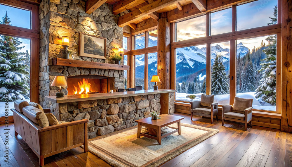 Fototapeta premium Cozy luxury log cabin interior with a glowing stone fireplace and panoramic views of snowy mountains. A rustic winter retreat perfect for travel, lifestyle, and holiday advertising.