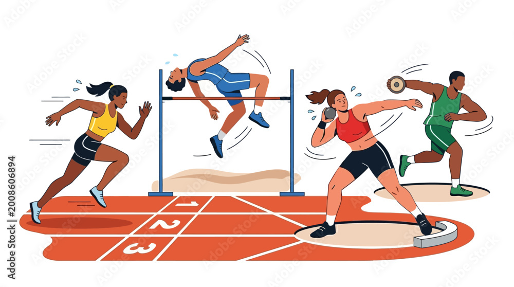Fototapeta premium Colorful vector illustration celebrating a world athletics event, featuring diverse characters participating in running, long jump, shot put, and discus throw against a clean white