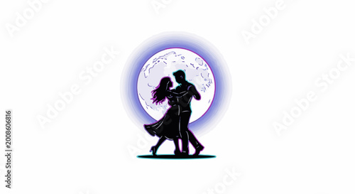 Silhouetted couple dancing romantically under a large, stylized moon