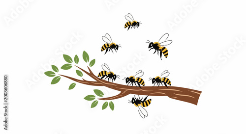Seven buzzing insects with black and yellow stripes land on a leafy tree branch