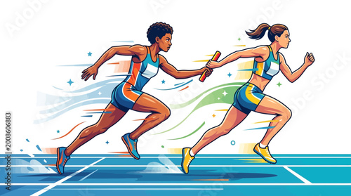 Dynamic vector illustration of two female athletes passing a baton during a relay race on World Athletics Day, rendered with vibrant colors and a sense of motion against a clean white