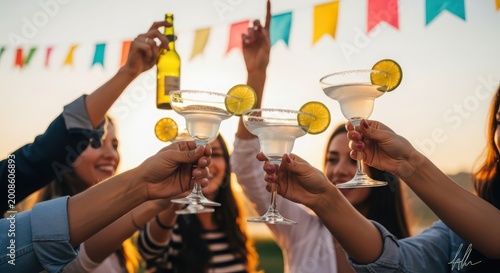 Friends raising margarita glasses in a celebratory toast with colorful party banners overhead