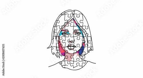 Abstract jigsaw puzzle portrait with colorful accents on white background