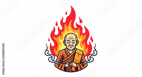 An elderly Buddhist monk meditating amidst vibrant flames and smoke