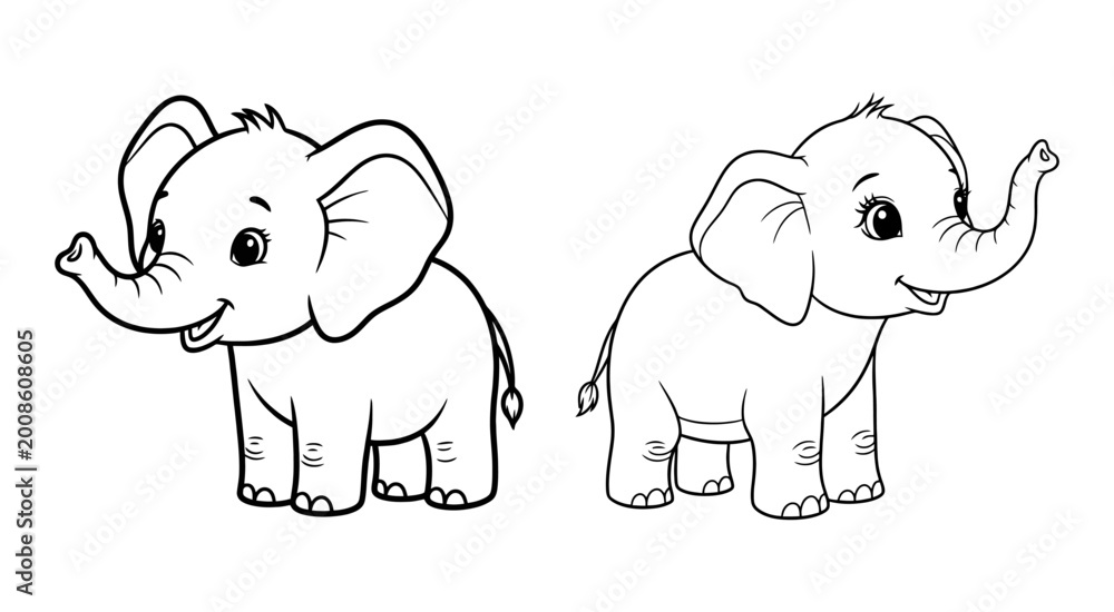 Obraz premium Two cute baby elephant characters in a simple outline drawing style
