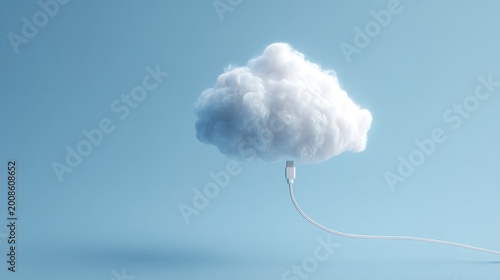 A fluffy white cloud connected to a white USB cable on a soft blue background