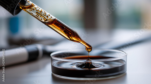 A close up of a dropper releasing dark motor oil into a petri dish on a stark white lab bench, motor oil, petri dish, dropper, lab analysis, chemistry research, scientific experiment, viscosity