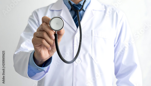 Doctor holding stethoscope forward, medical examination, healthcare checkup, diagnostic tool, professional medical service, clinic consultation, patient care, medical equipment