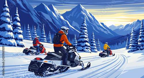 Foto Snowmobiling Adventure Exploring Snowy Mountains on a Winter Excursion