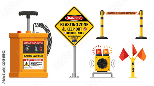 Industrial blasting equipment set includes a detonator box, warning signage, safety barriers, and alarm lights