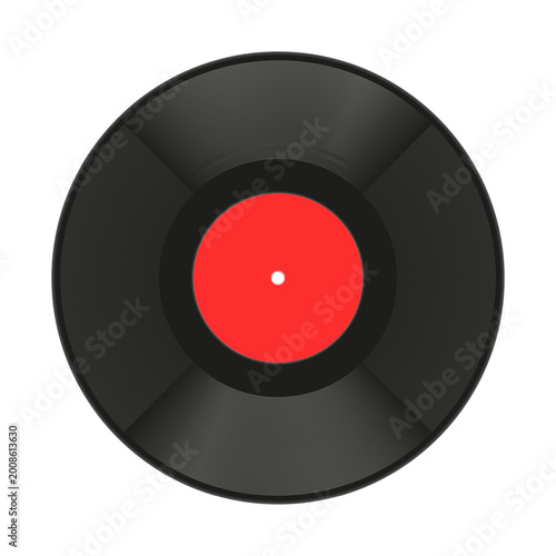 Realistic black vinyl record with a blank red label in the center and detailed circular grooves vector illustration, isolated on a white background for music store advertising and retro poster.