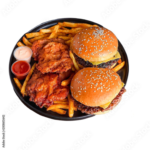 A delicious beef cheeseburger with melted cheese, fresh lettuce, tomato, and onion on a toasted sesame bun served with golden fries, isolated on a white background as a classic fast food meal