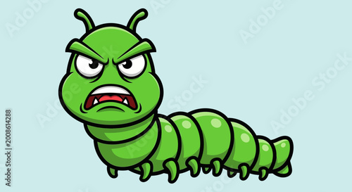 Foto Angry green cartoon caterpillar with menacing expression, isolated on light blue background