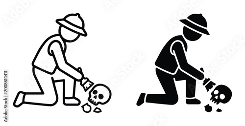 Tableau sur toile two-tone skull excavation vector illustration with archaeologist and brush tools