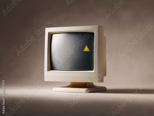 Retro beige CRT computer monitor with yellow warning symbol on screen, vintage technology concept