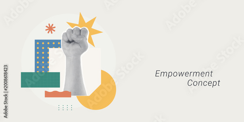 Trendy Halftone Collage of a halftone raised fist with a star burst and bold geometric shapes, symbolizing empowerment and strength, ideal for motivation, social, and corporate culture content.