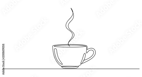 Single Line Drawing of Steaming Coffee Cup on White Background