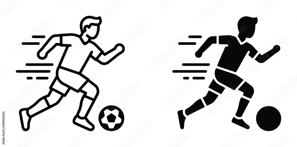 Fototapeta premium solo black and white vector illustration of two men playing soccer one in outline style other as solid shape