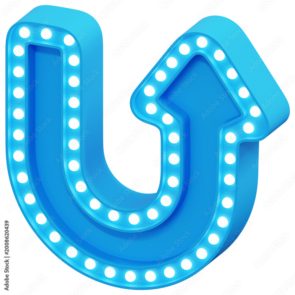 Fototapeta premium 3D Blue Curved Return Arrow Marquee Light Sign Board Isometric View