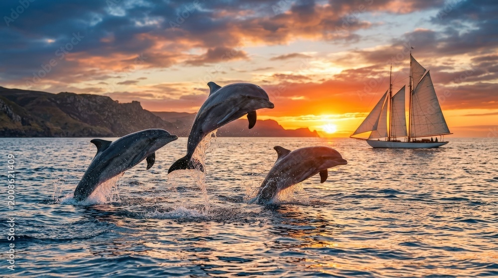Fototapeta premium Dolphins leaping at sunset with a sailboat on the ocean, joyful marine travel concept with glowing horizon, playful movement and serene coastal atmosphere for tourism and summer themes, realistic