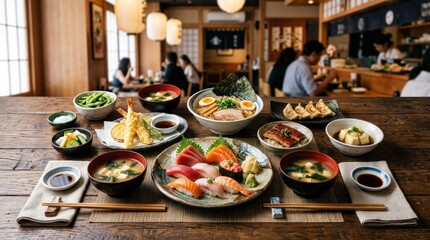 Colorful assortment of Japanese dishes on a table, appetizing food scene for restaurant, hospitality, menu and culinary culture themes, varied textures, balanced composition, soft natural light,