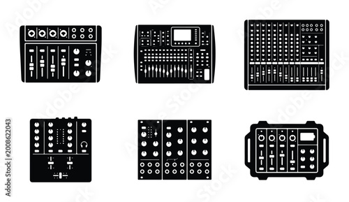 Schilderij op canvas audio mixing console vector icons set on white background