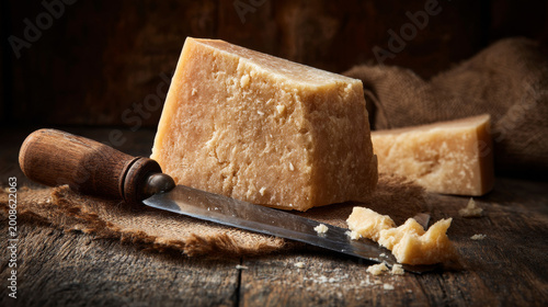 Piece of aged parmesan cheese or parmigiano Reggiano and cheese knife. Generative AI image