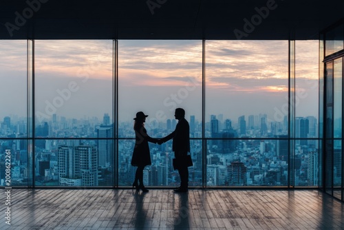 Skyscrapers Silhouette: The silhouette of two figures sealing a business deal, hand in hand, within a modern, panoramic office. The city's sprawl stretches out beneath them.
