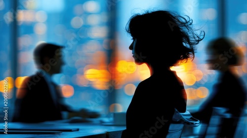 Business Meeting Silhouette: In a modern office setting, a contemplative figure silhouetted against a cityscape, symbolizing reflection and strategic thinking amidst a collaborative business meeting.
