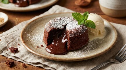 Chocolate lava cake bursting with molten filling, indulgent dessert close-up with rich texture and warm bakery styling, realistic food detail, no logos