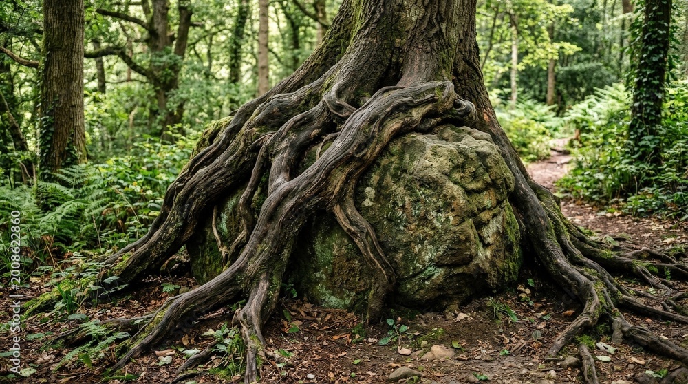 Obraz premium Ancient tree roots stone, premium stock concept with strong commercial appeal, clean composition, high search relevance, refined details, balanced perspective, elegant color harmony, refined mood,