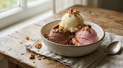 Three scoops of ice cream with nuts and granola on a table, sweet dessert concept with creamy texture and rustic serving style, soft light, realistic detail, no logos