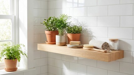 Bathroom shelf with plants soap and brush against white tile wall, clean interior decor, minimal wellness and home organization scene, bright natural light, no logos