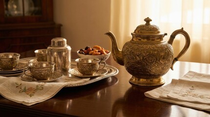 Ornate metal teapot on a polished table, elegant traditional tea setting, rich metallic detail, refined still life composition, soft warm light, no logos