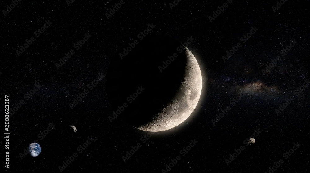 Naklejka premium Crescent moon illuminated against a dark black sky in outer space, serene night sky and astronomy concept with clean celestial composition, subtle glow, realistic detail, no logos