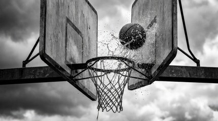 Black and white basketball net splashing with water, dramatic sports concept with frozen motion and strong contrast, dynamic composition, high detail, realistic action look, no logos